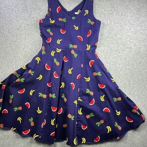 Eva Rose Pinup Fruit Print Dress Navy Rockabilly Swing Pockets Fits Modern M